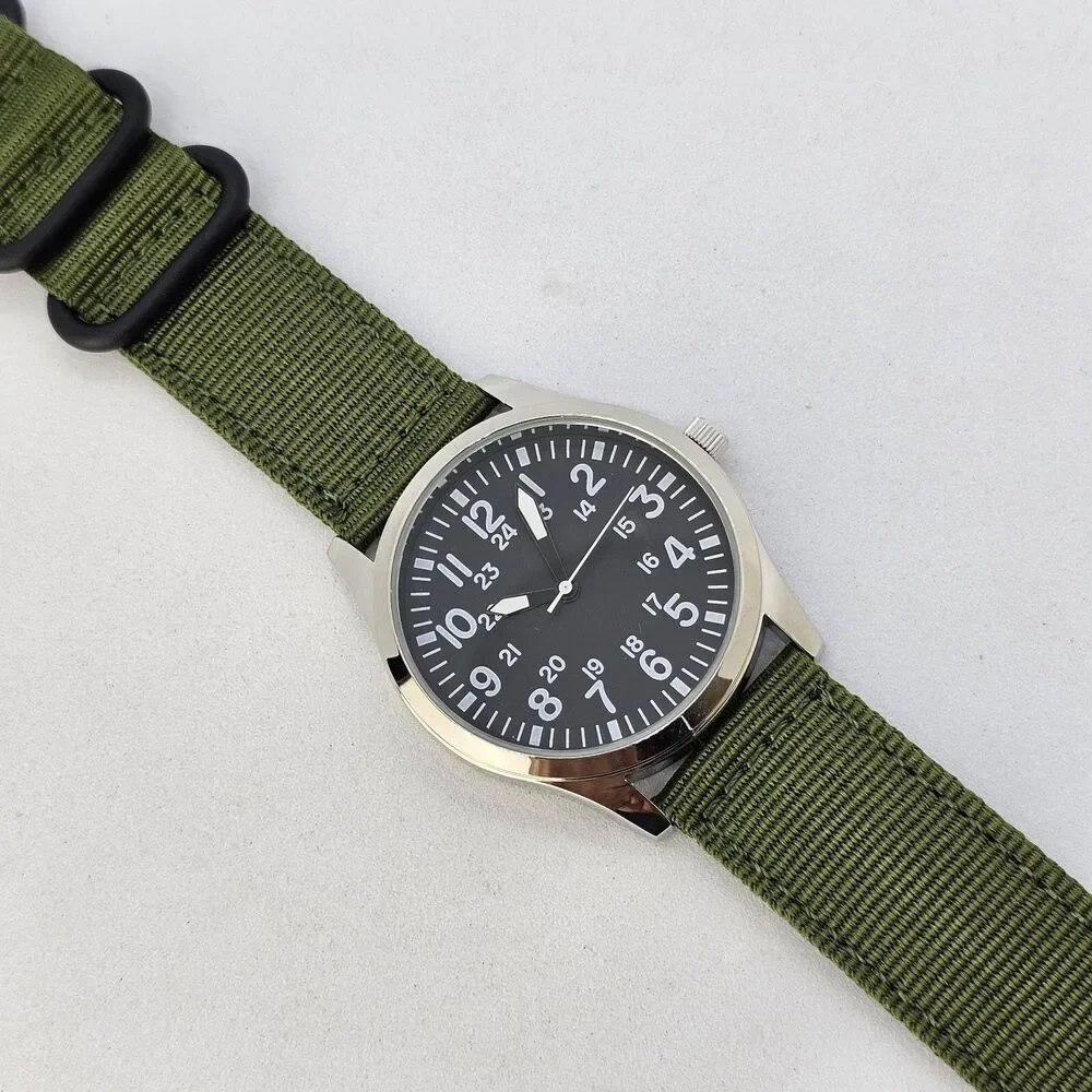 Men's‎ Field Watch 42MM Large Gray Case Black Dial Army Green Canvas Band Straps